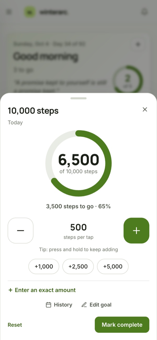 Logging steps with a progress ring and quick amounts