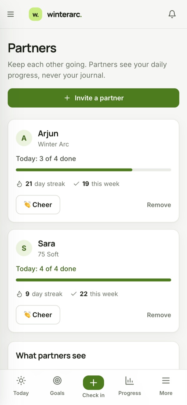 Two partners with today’s progress, streaks and a Cheer button