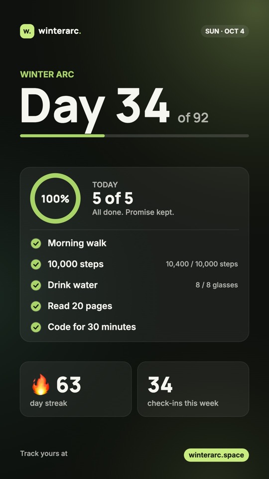 A story image: Day 33 of 91 with today’s goals and a streak