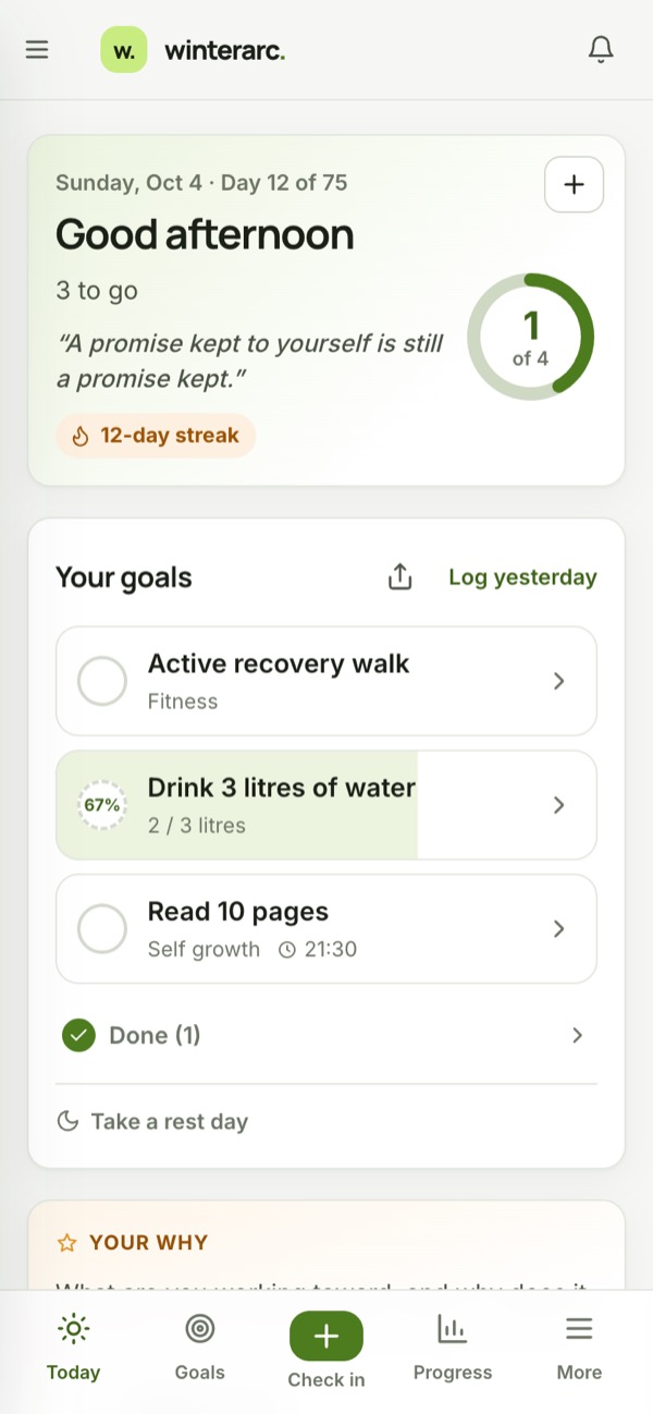 The Winter Arc app tracking 75 Soft: day 12 of 75, a 12-day streak, the recovery walk, 2 of 3 litres of water and reading